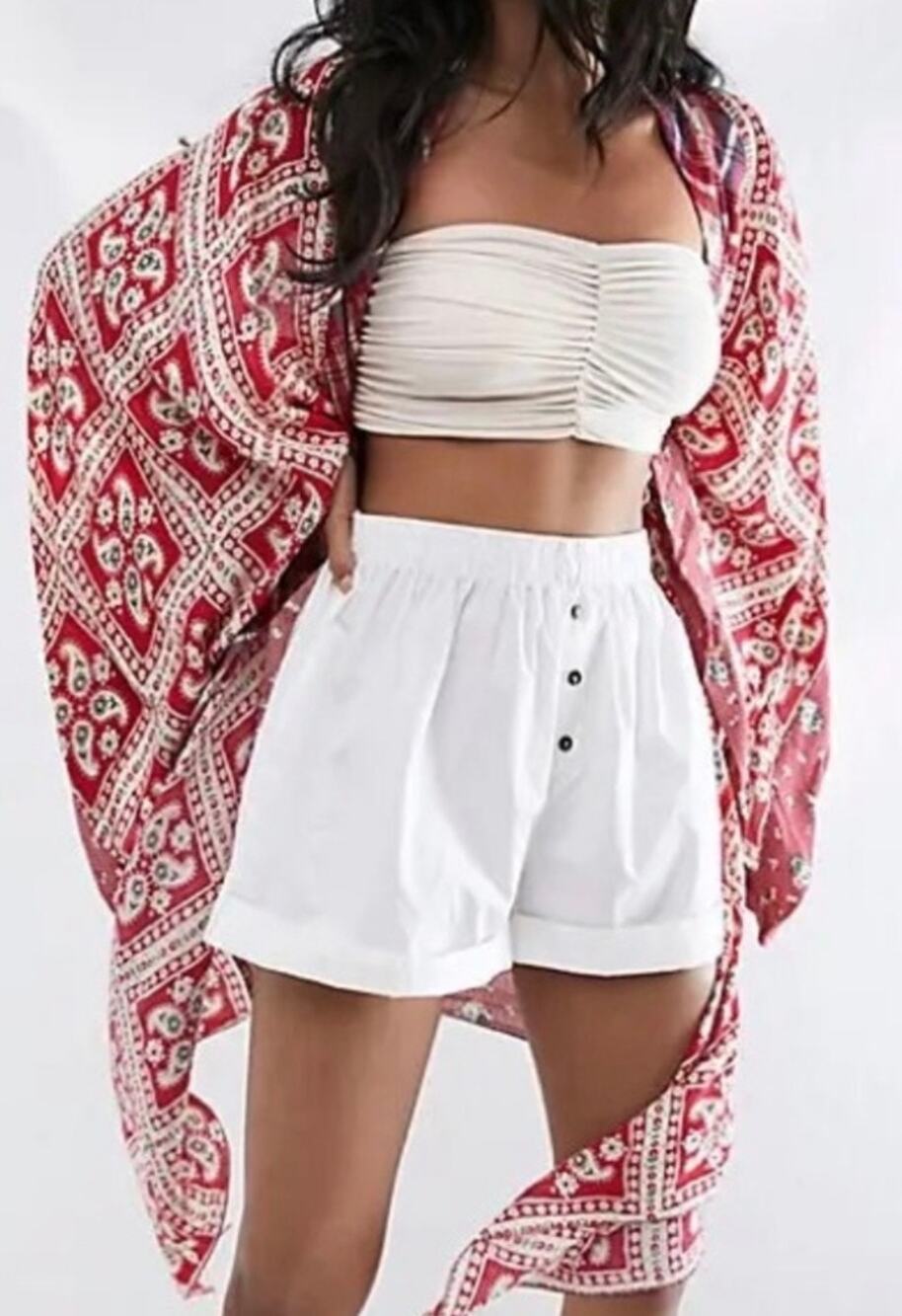Free People American Pie Duster Kimono Mixed Print Pink Red Multi Boho One Size